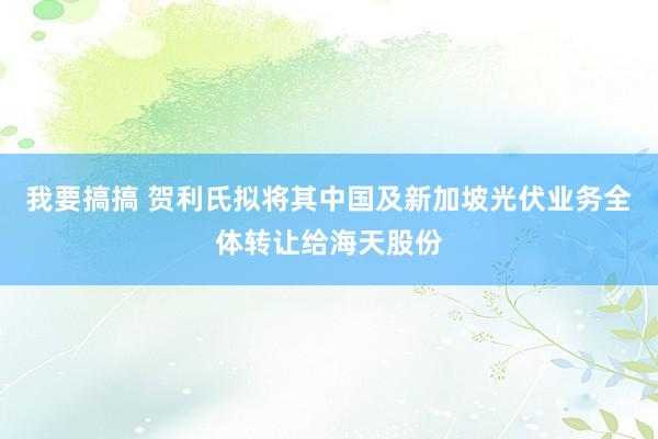 我要搞搞 贺利氏拟将其中国及新加坡光伏业务全体转让给海天股份